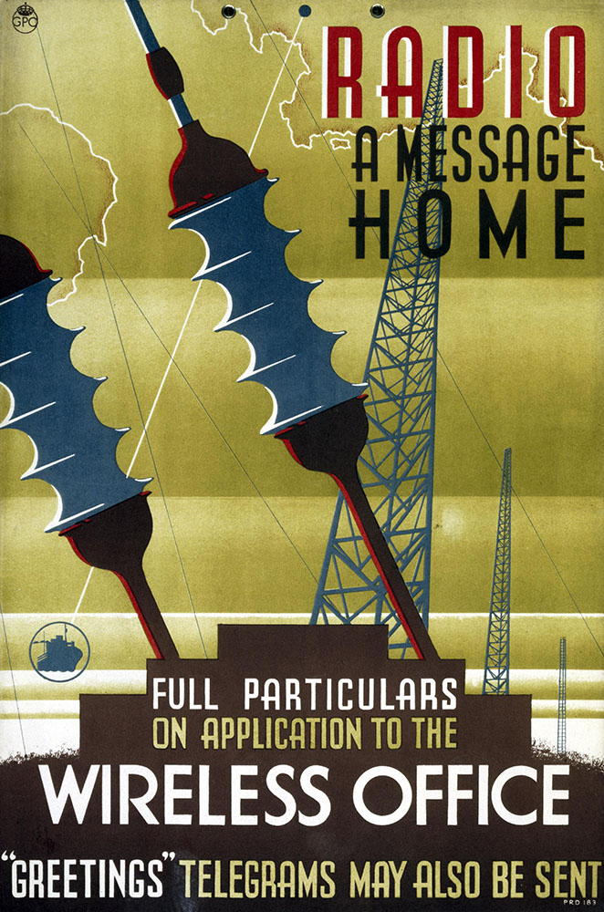 Poster reading ‘Radio: A message home’ with illustration of radio tower
