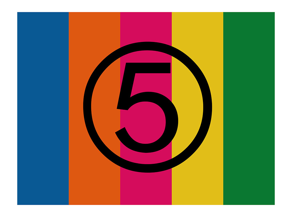 Channel 5 logo - number 5 in black circle against rainbow striped background