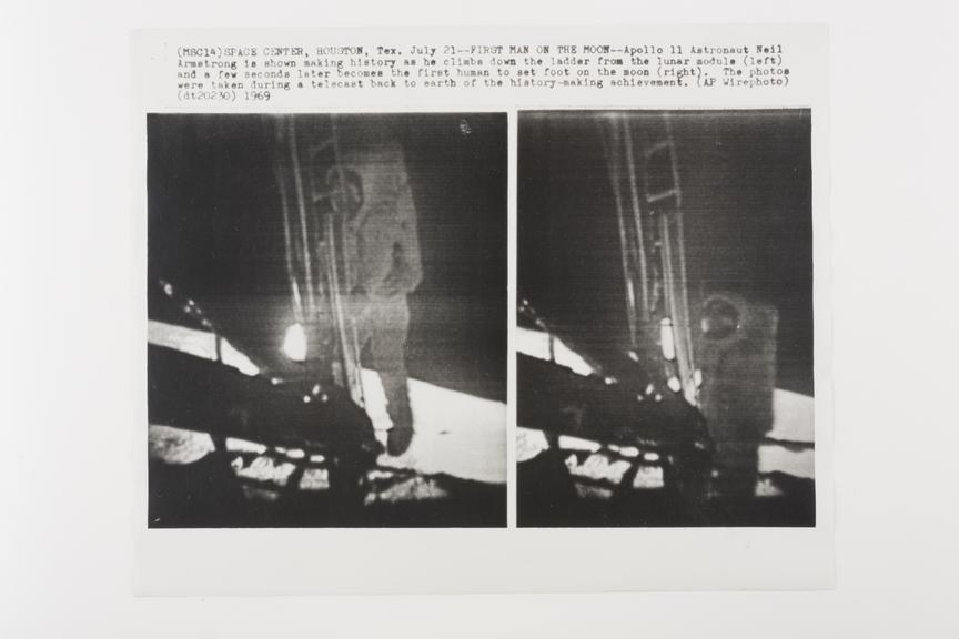 Two photos of Neil Armstrong stepping from the lunar module onto the moon, with text above