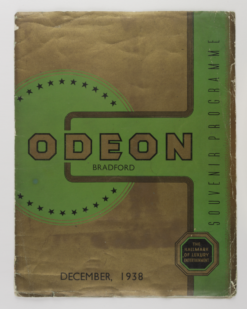 Green and gold leaflet with text "Odeon Bradford souvenir programme, December 1938"