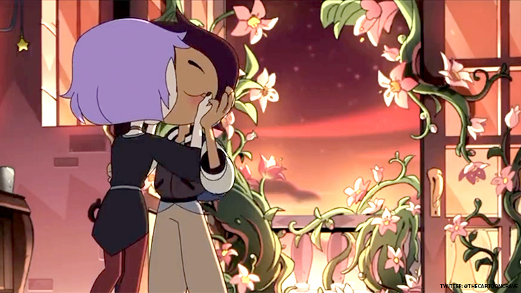 Two female cartoon characters kiss by a balcony adorned with flowers