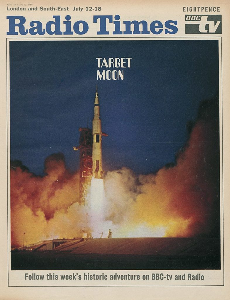 Radio Times cover with photo of space rocket blasting off and the headline 'Target moon'