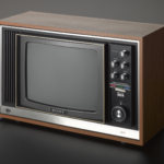 A 1970s television set on a grey background