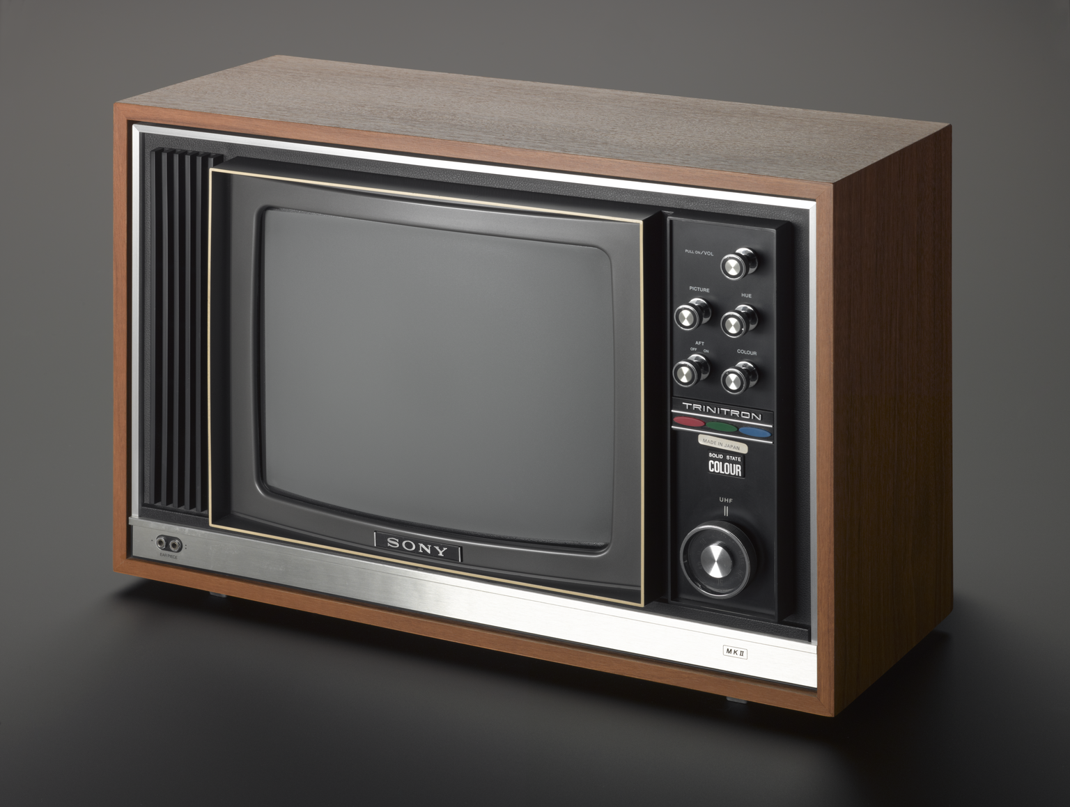 A 1970s television set on a grey background 