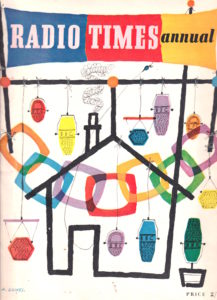 Colourful magazine cover with illustrated BBC microphones hanging from a television aerial above a simple house