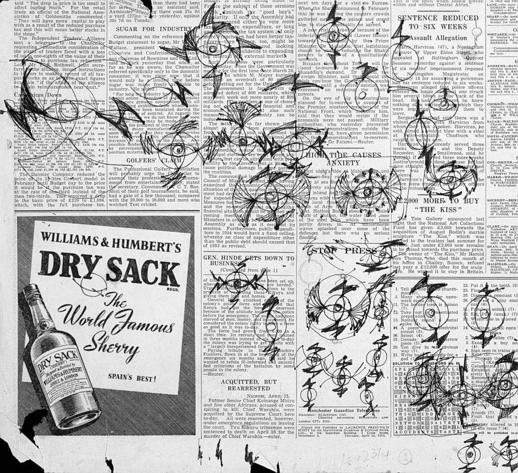 Newspaper covered in pen sketches for Games' ident