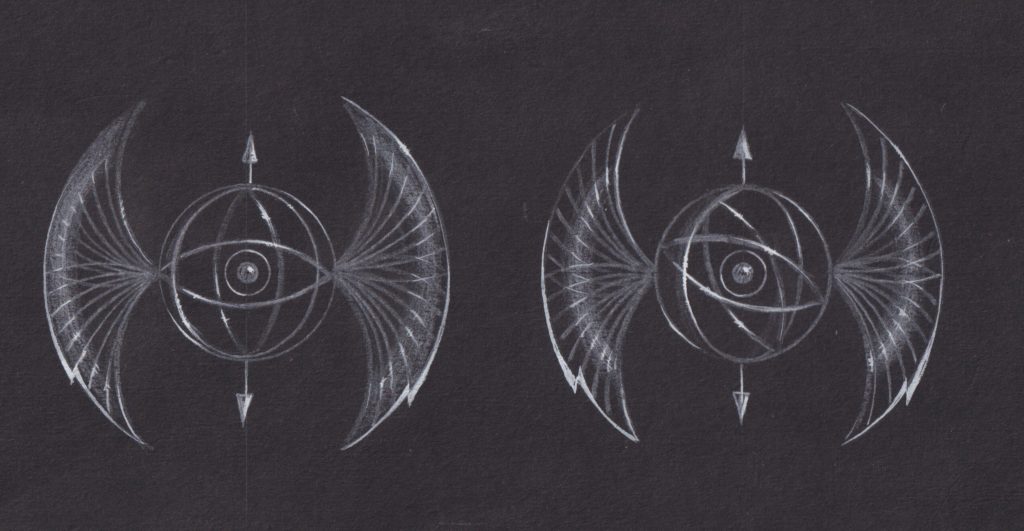 White pencil sketch on black paper of a spherical design with 'wings' and arrows emanating from the sides