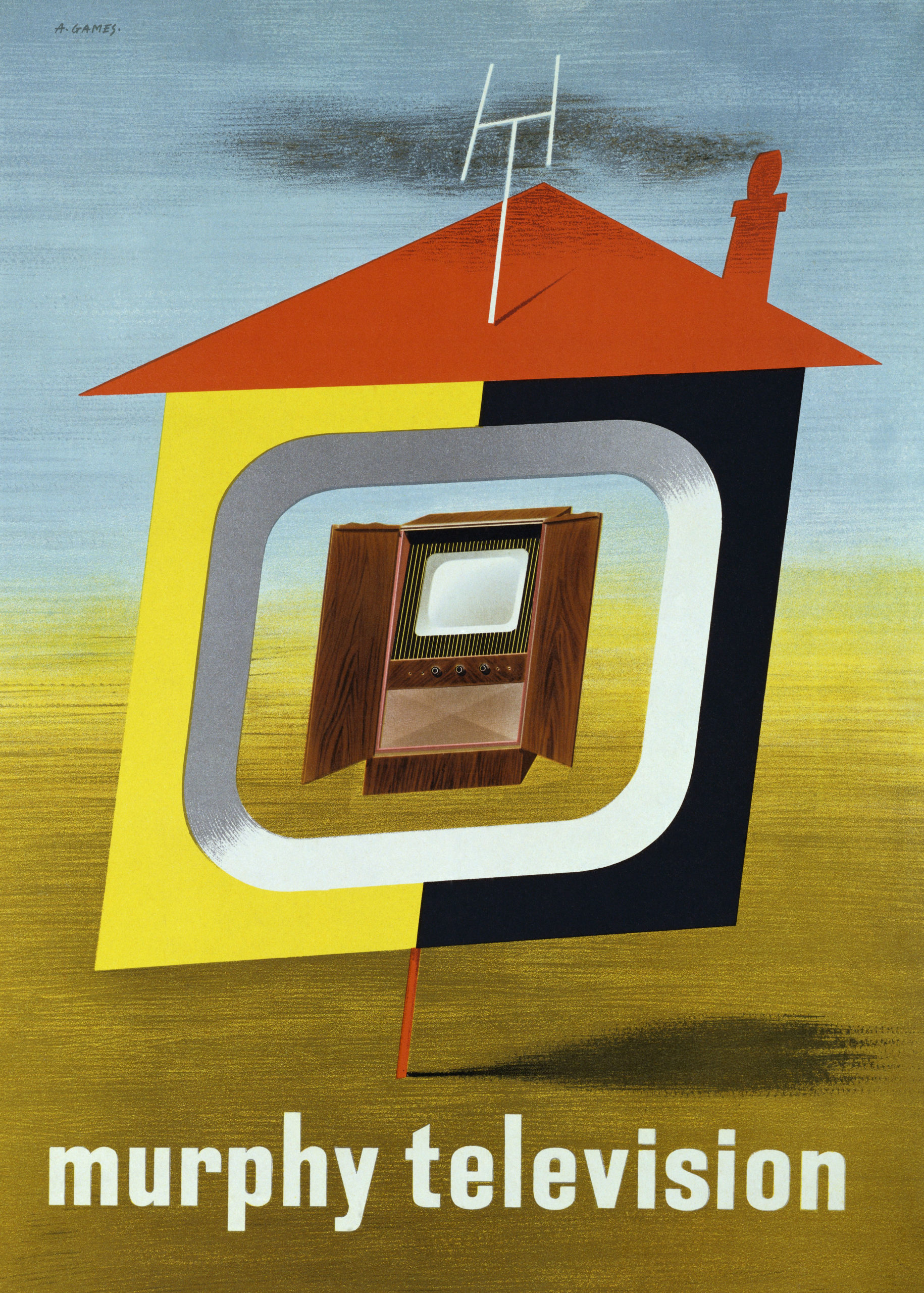 a mid-century lithograph poster depicting a simple house shape with a television in the centre 