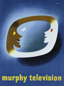 Mid-century graphic poster, oblong shape with two faces on a blue background