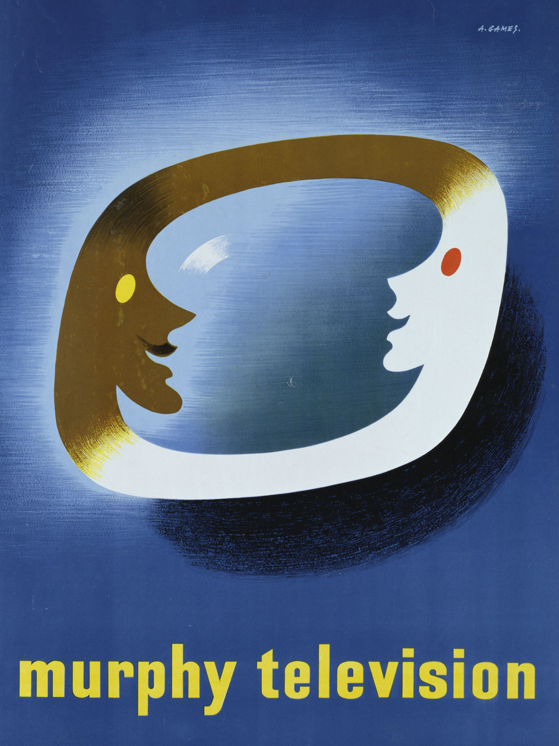 Mid-century graphic poster, oblong shape with two faces on a blue background 