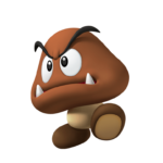 A computer animated Goomba character with a mushroom shaped brown head, frowing eyes and two pointy fangs