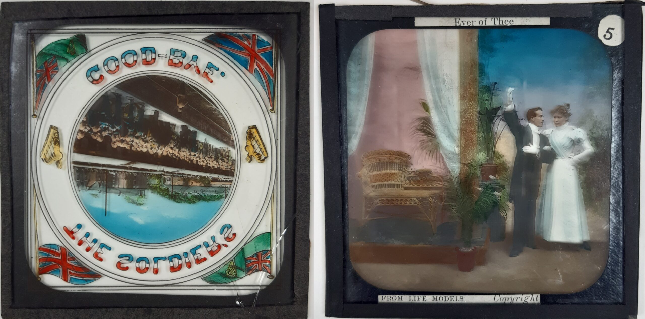 Two magic lantern slides with bright hand-painted colours