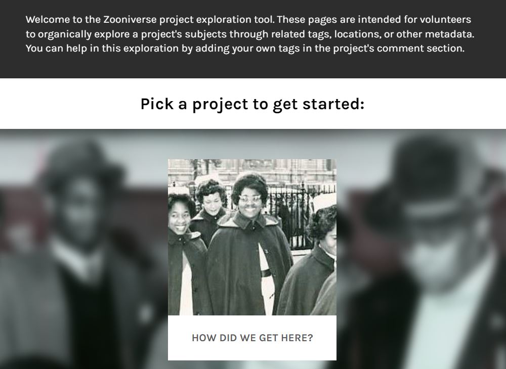 A short text explains how volunteers can use the tool, below which they can pick a project to get started. An image of four nurses links to 'How did we get here?'
