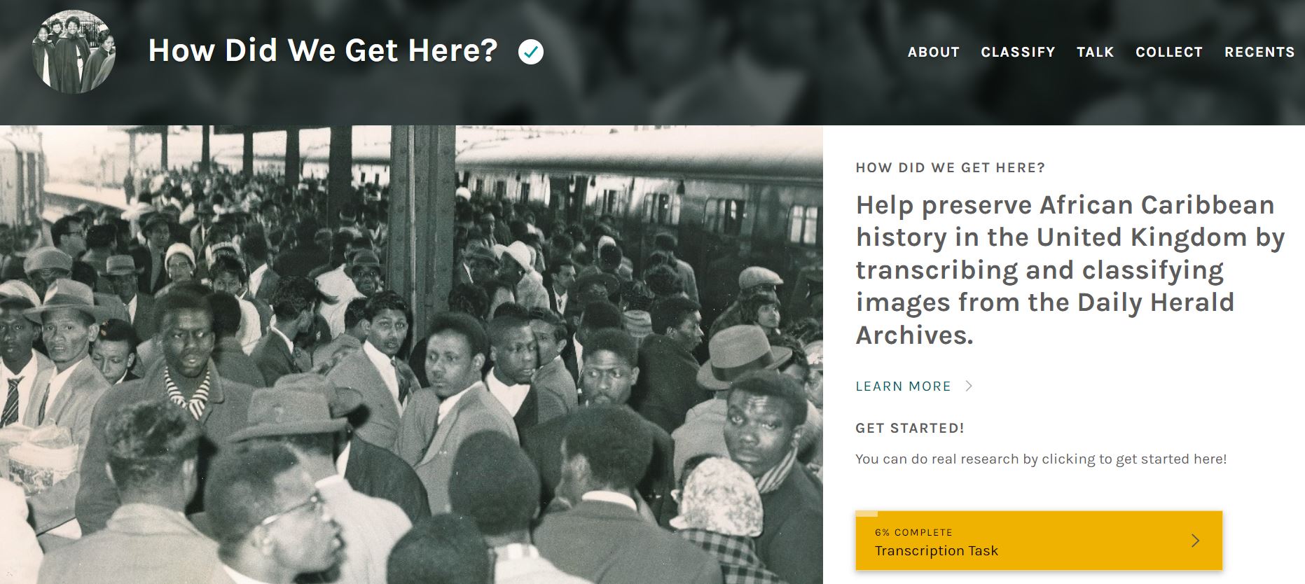Landing page of a website reading "help preserve African Caribbean history in the united Kingdom by transcribing and classifying images from the Daily Herald Archive.