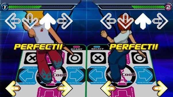 Still from a video game of two dancers stepping on 4 directional arrows
