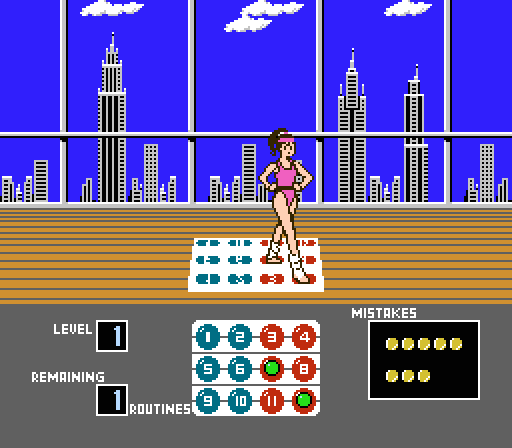 Still from a 1980s video game showing a woman in aerobics gear stepping on a numbered mat, with a window onto a cityscape behind her
