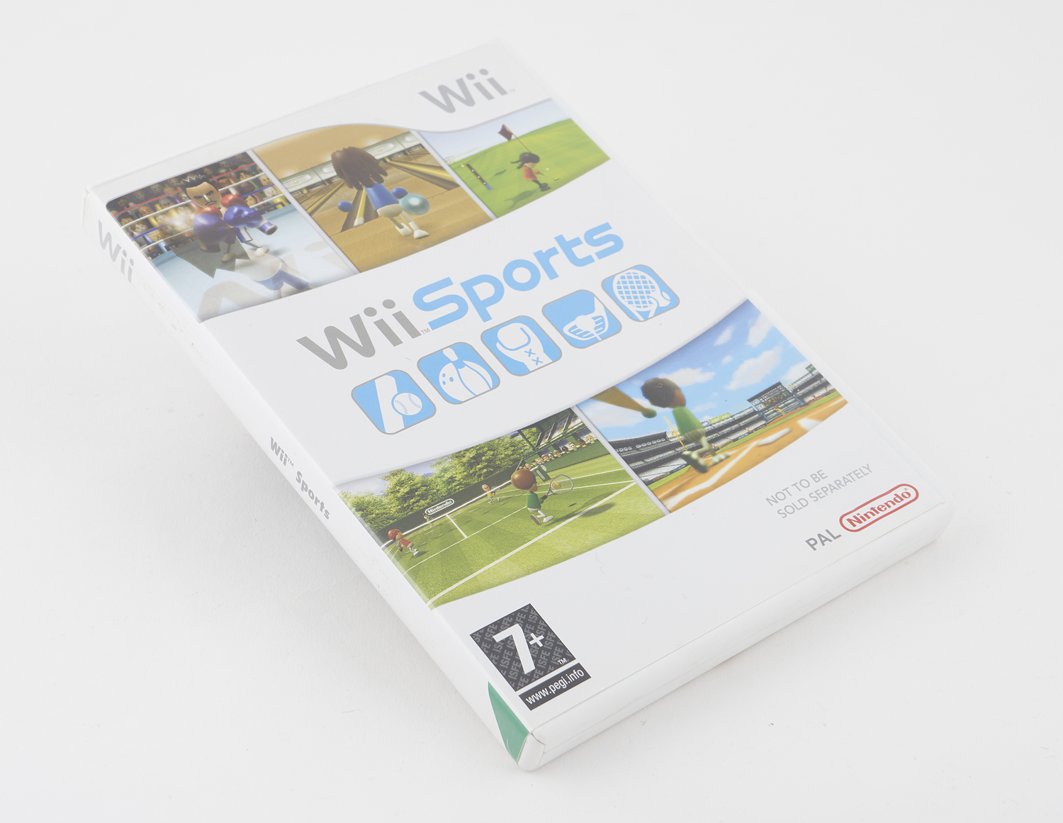 White DVD box for Wii Sports game, on a white background