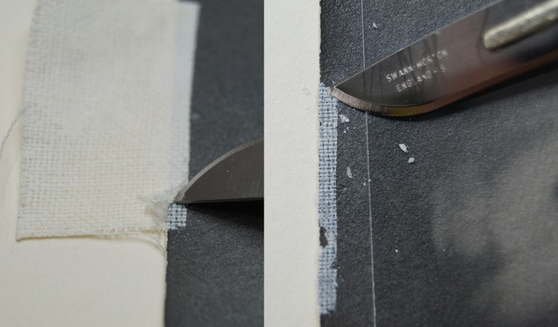 Two images side by side showing tape being removed with a scalpel, one in close-up