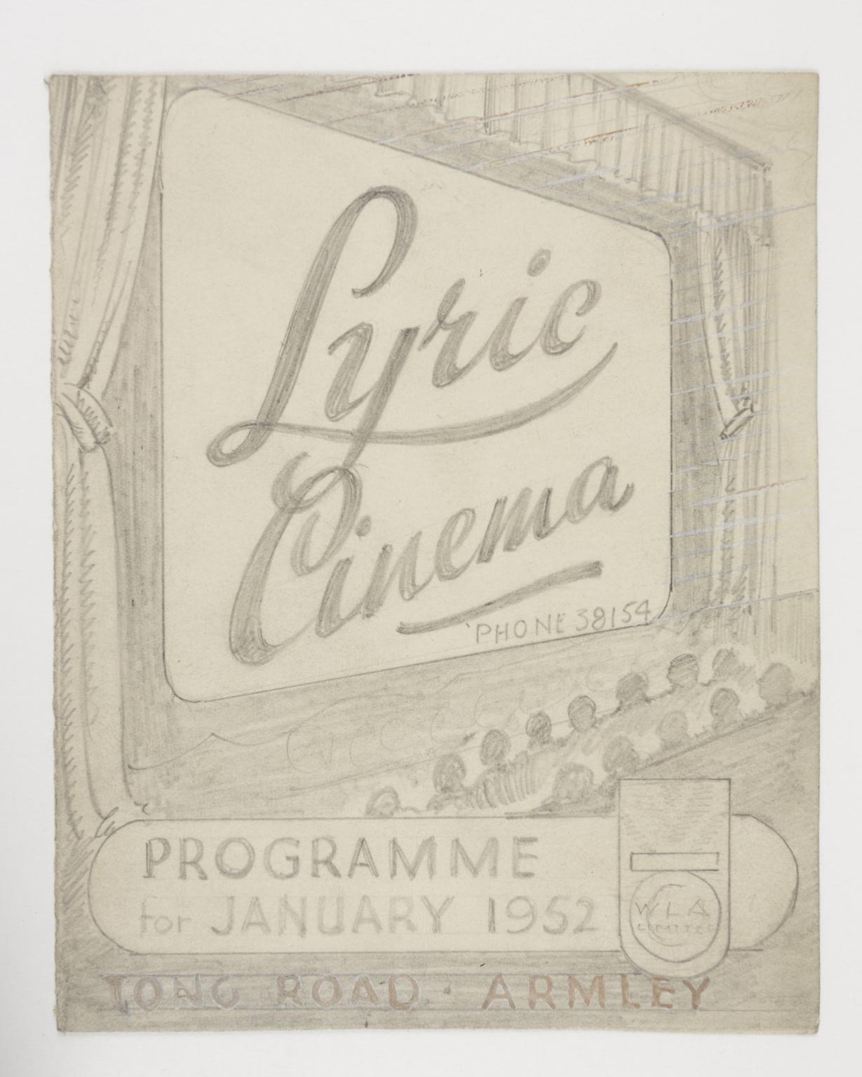Pencil sketch for Lyric Cinema programme showing the screen and auditorium