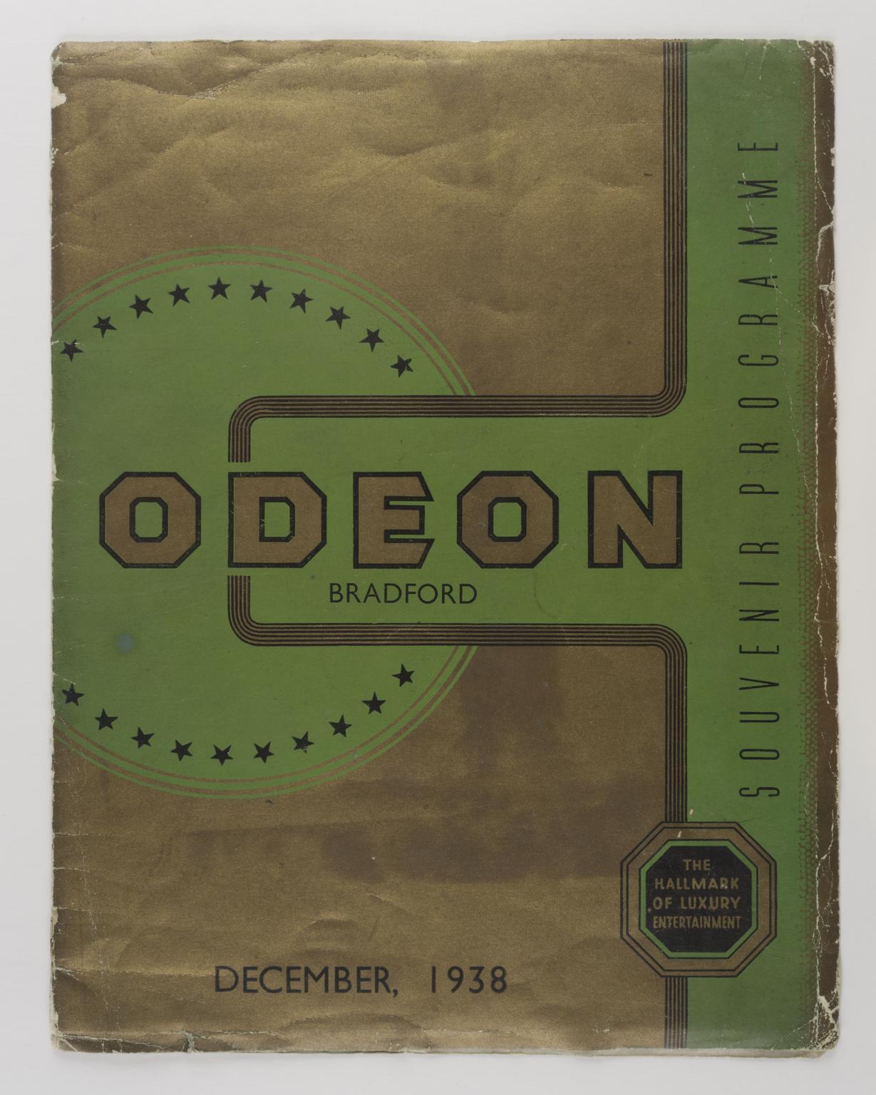 Gold and green booklet in art deco style reading 'odeon Bradford souvenir programme, December 1938'