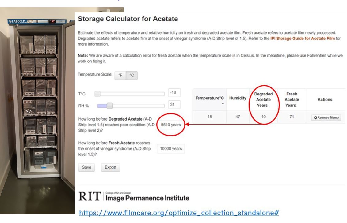 Screenshot of a web 'storage calculator for acetate', next to an image of the conservation freezer.