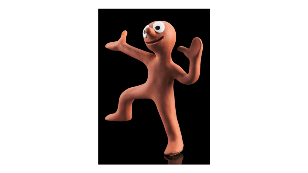 The brown clay figurine Morph, standing on one leg with arms raised