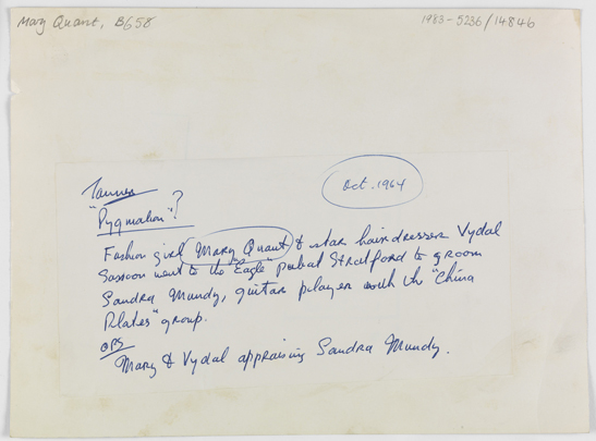 Mary Quant, Sandra Mundy and Vidal Sassoon - reverse of photograph