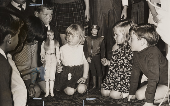 A photograph of children meeting cast members Captain Scarlet and Destiny Angel from ITV puppet series Captain Scarlet and the Mysterons, National Media Museum Collection