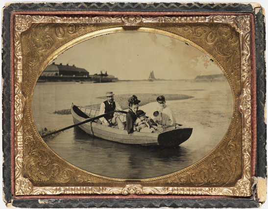 Family in a boat ambrotype, c. 1865
