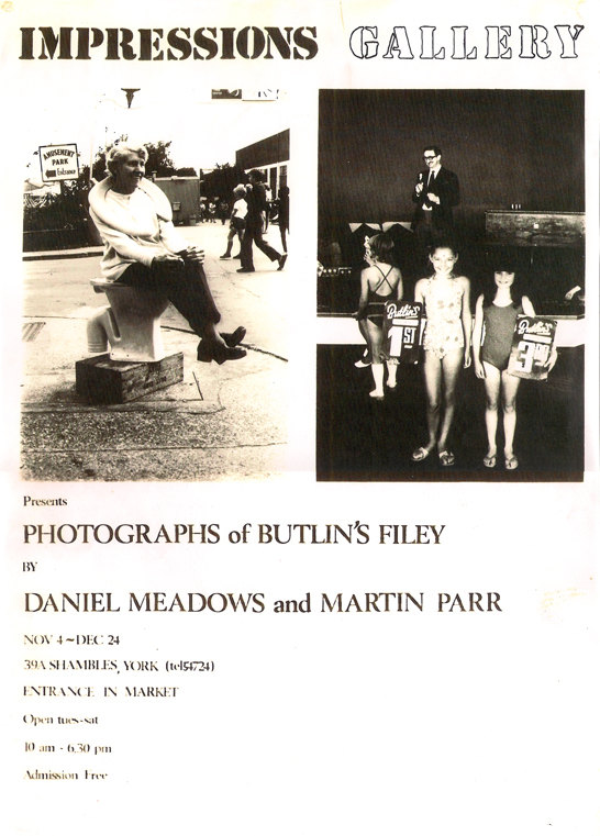 Poster of the first exhibition at Impressions Gallery by Martin Parr and Daniel Meadows, Photographs of Butlin's Filey 1972