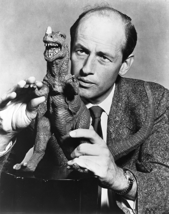 Ray Harryhausen holding Beast model from Animal World © Ray and Diana Harryhausen Foundation