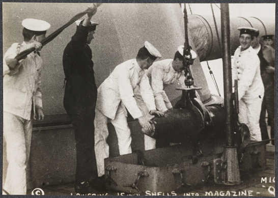 Lowering 15 inch shells into magazine, c. 1915, unknown photographer © National Media Museum, Bradford / SSPL. Creative Commons BY-NC-SA