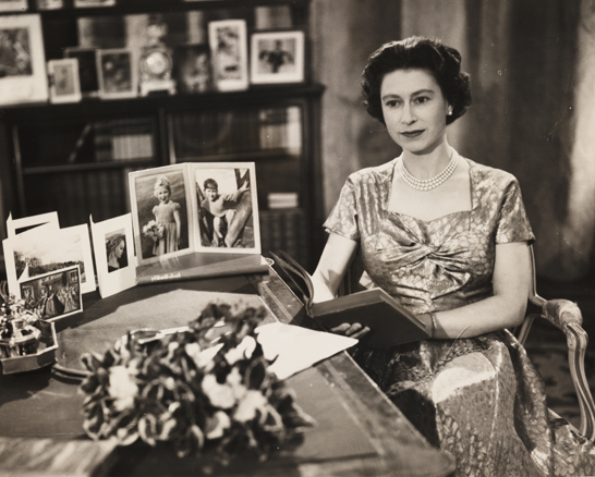 Queen Elizabeth II makes her Christmas broadcast, December 1957 © Daily Herald / National Media Museum, Bradford / SSPL1957 was the first year that the Queen's broadcast was fully televised