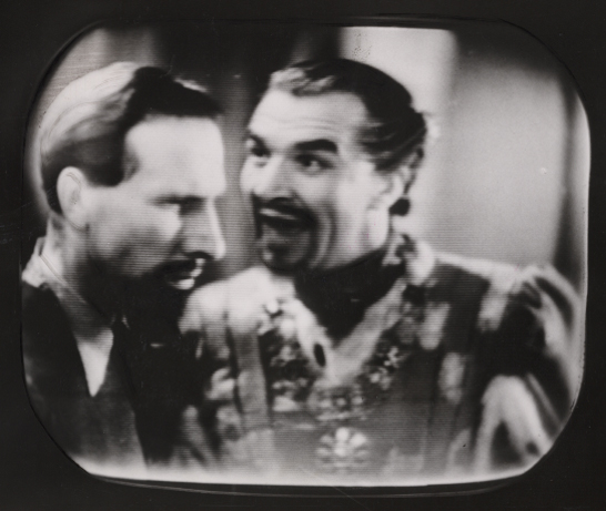 A black and white TV screen showing The Duchess of Malfi, 1949