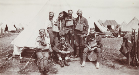 British soldiers wearing gasmasks, 1917, taken with a Vest Pocket Kodak