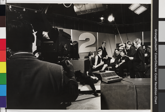 A photograph showing the formal preparations for BBC 2's first broadcast, taken on 19 April 1964 at BBC Television Centre.