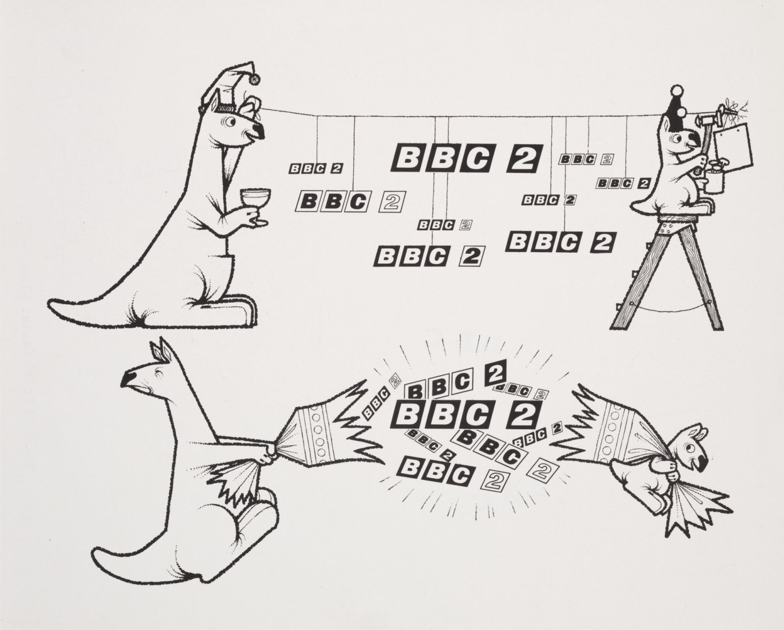 Graphic celebrating the launch of BBC2. Launch mascots were known as Hullabaloo and Custard.