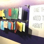 Colourful cards hanging from two wires on a wall. Next to them is a sign reading 'One thing you need to know about me is...'