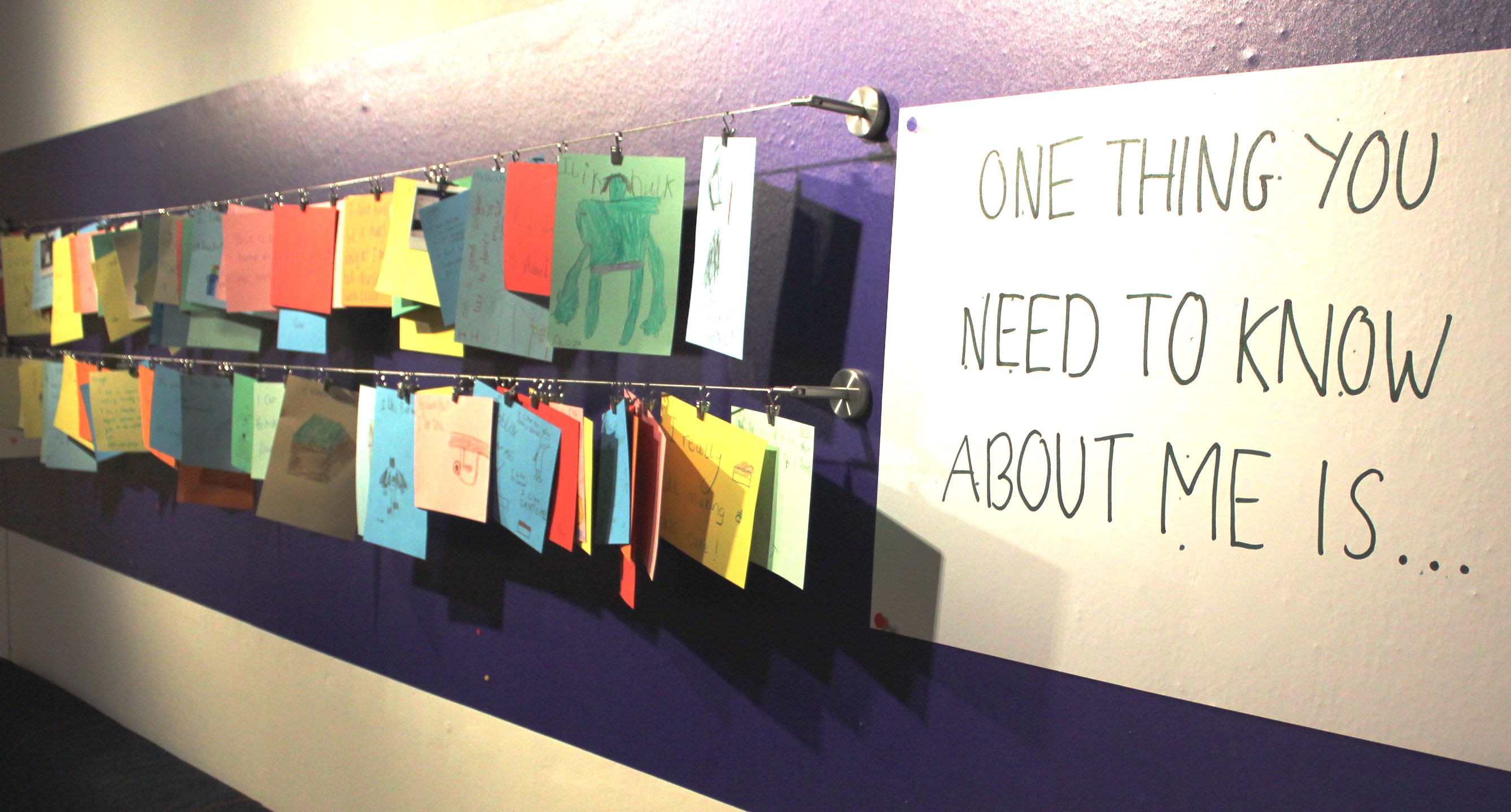 Colourful cards hanging from two wires on a wall. Next to them is a sign reading 'One thing you need to know about me is...'
