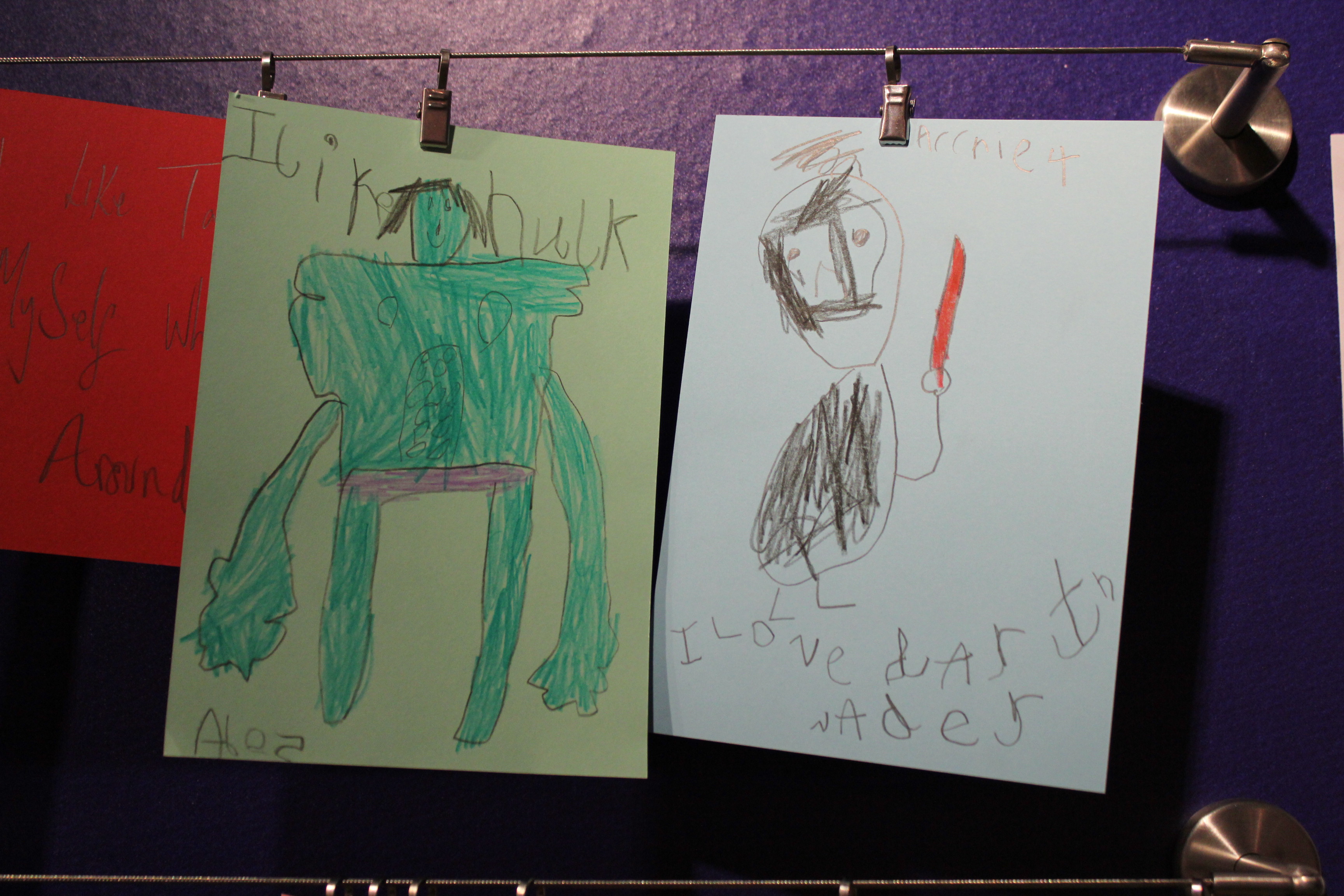 Children's drawings of the Incredible Hulk and Darth Vader