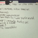 A list in child's handwriting of their favourite films and video games