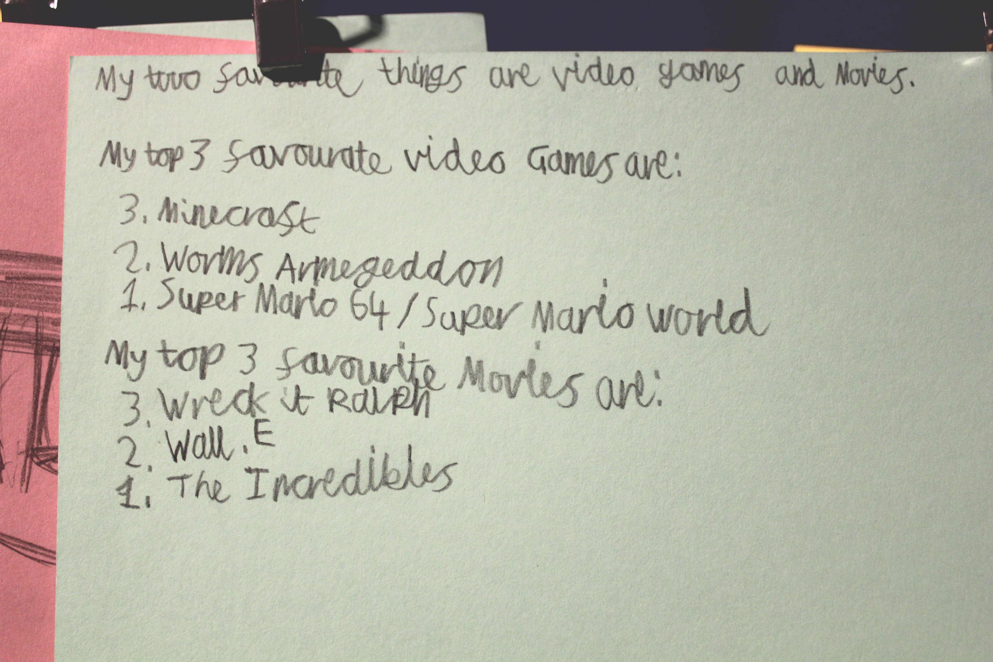 A list in child's handwriting of their favourite films and video games
