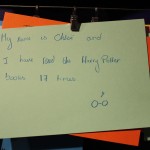 Card reading "My name is Chloe and I have read the Harry Potter books 17 times"