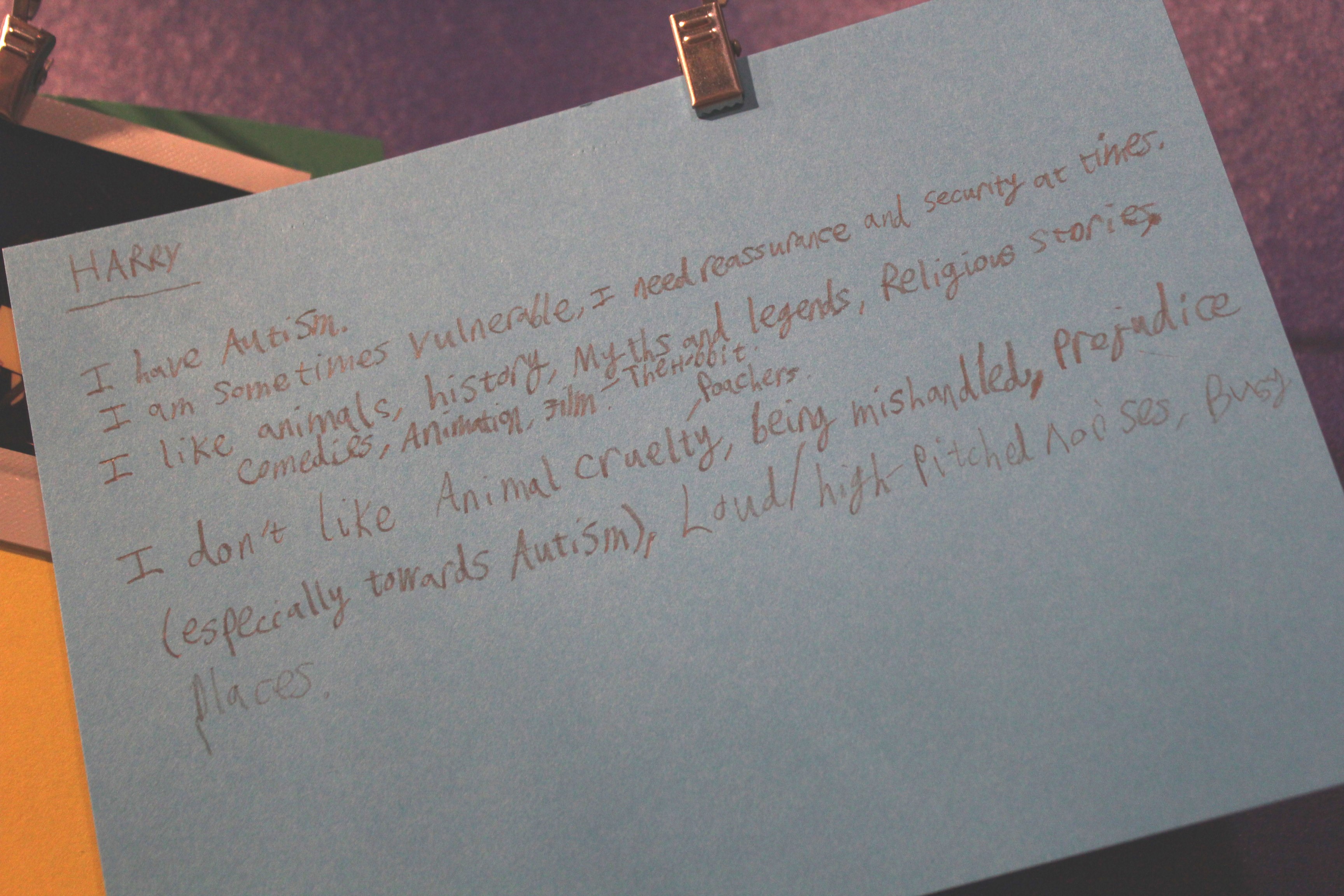 Handwritten card by Harry about his autism and likes and dislikes