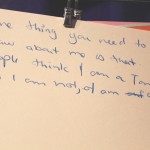 Card reading "One thing you need to know about me is that people think I am a tomboy but I am not, I am an ordinary girl"