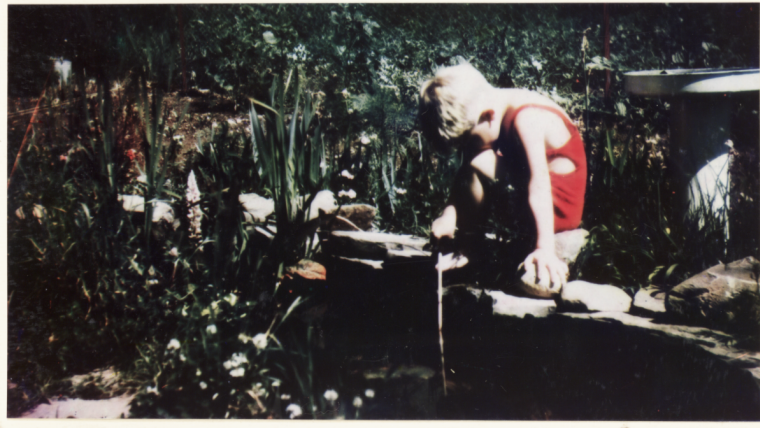 Boy looking into a garden pond