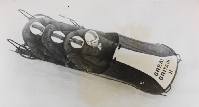 The 1964 British four-man bobsleigh team in action