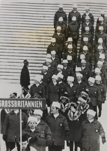 The 1964 British Winter Olympic team at the opening ceremony at the Berg Isel Stadium, Austria