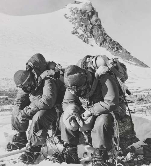 Charles Evans and Tom Bourdillon exhausted after their attempt on the summit.