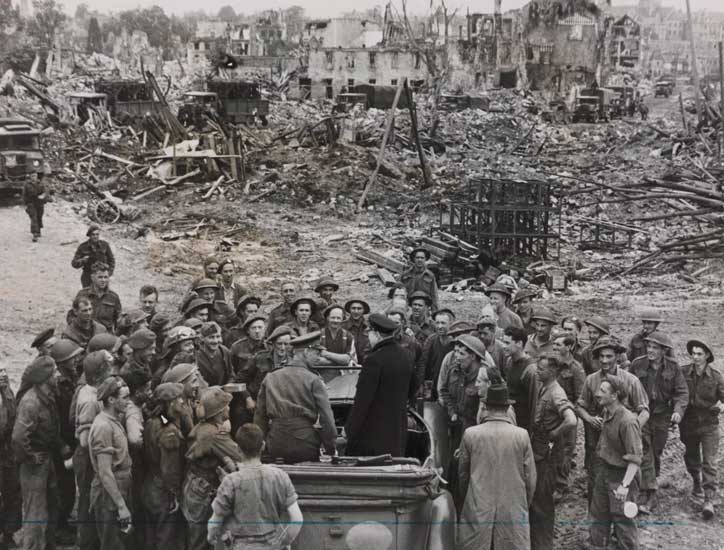 Churchill visiting Caen with General Montgomery in July 1944